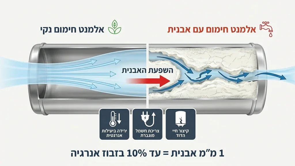 הצטברות אבנית על גוף חימום של דוד