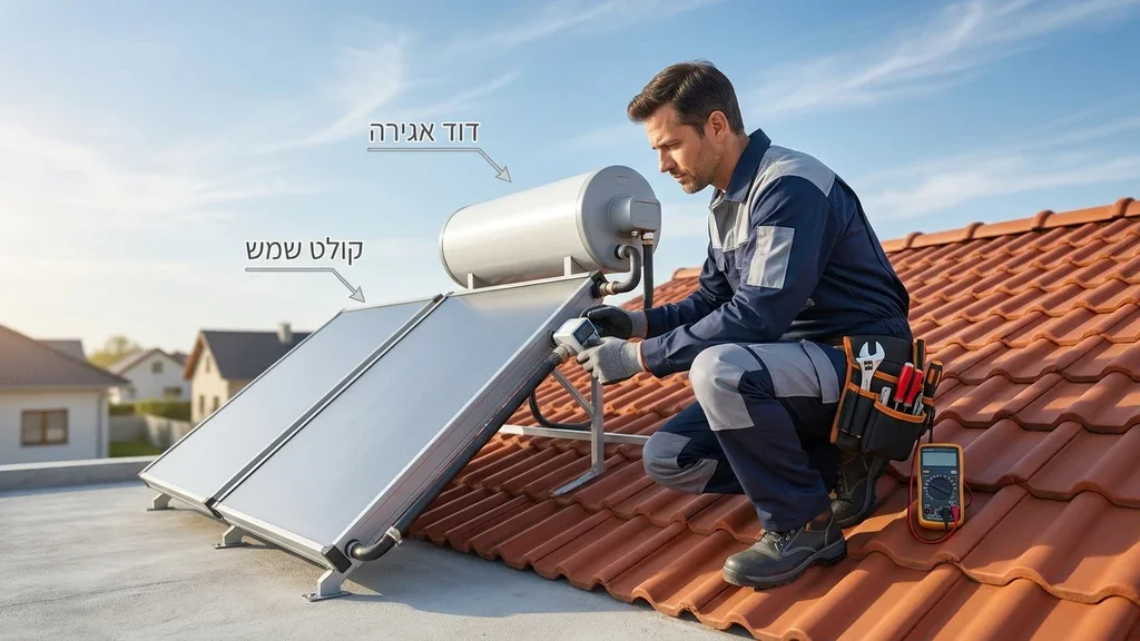 טכנאי דודי שמש מבצע תיקון במערכת על הגג
